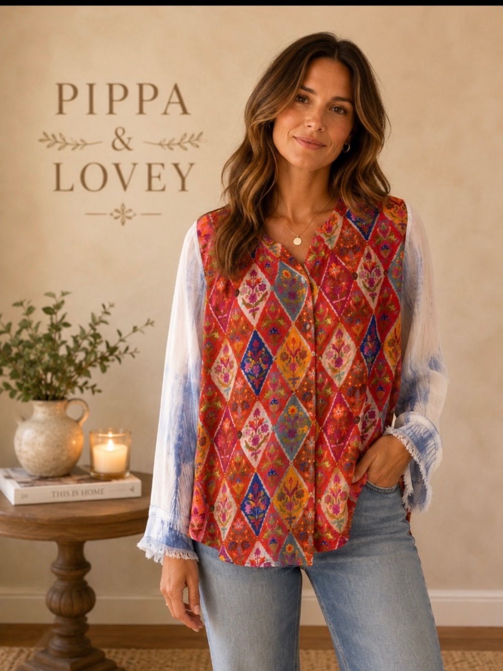 Soft Surroundings Floral Shibori Mixed Media Tunic Blouse Multicolor Size L